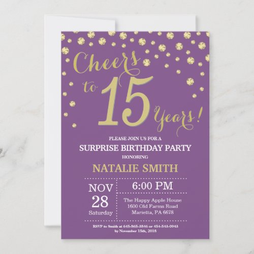 Surprise 15th Birthday Purple and Gold Diamond Invitation