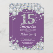 Surprise 15th Birthday Purple and Silver Diamond Invitation (Front/Back)
