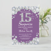 Surprise 15th Birthday Purple and Silver Diamond Invitation (Standing Front)