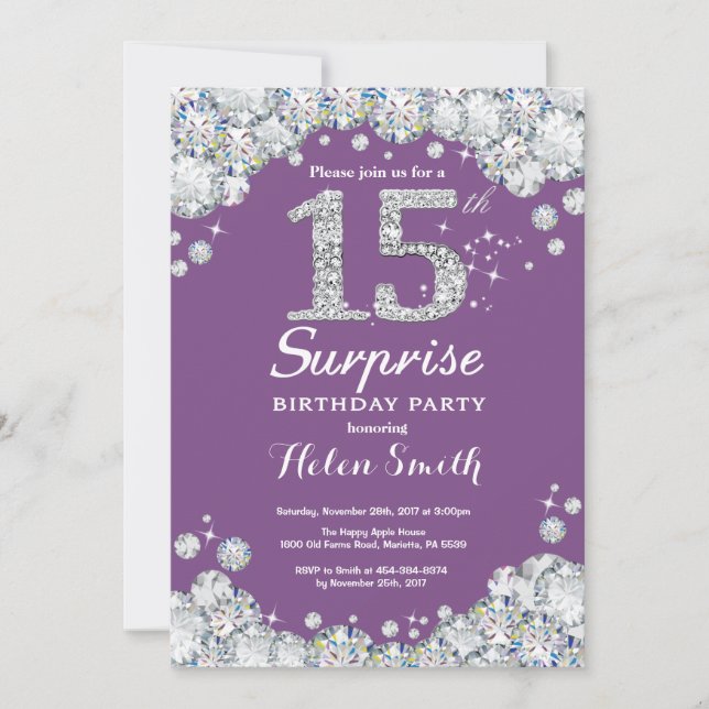 Surprise 15th Birthday Purple and Silver Diamond Invitation (Front)
