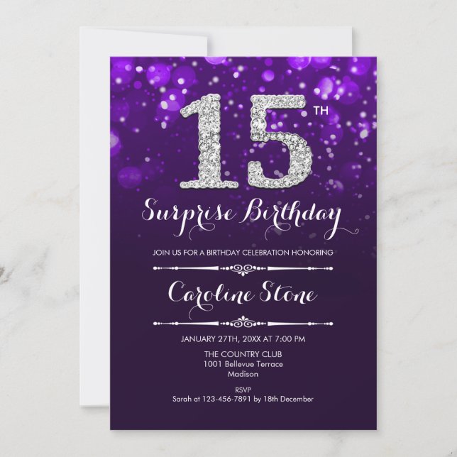 Surprise 15th Birthday - Purple Silver Invitation (Front)