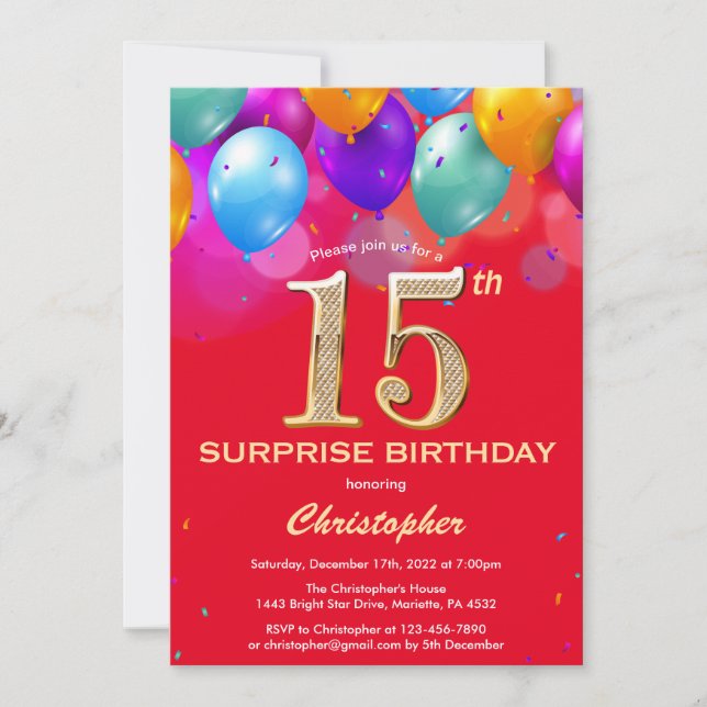Surprise 15th Birthday Red and Gold Balloons Invitation (Front)