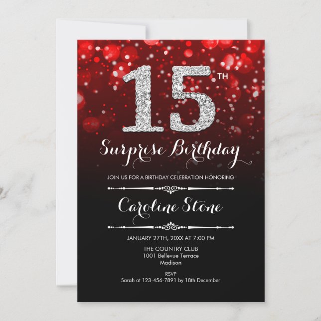 Surprise 15th Birthday - Red Silver Invitation (Front)