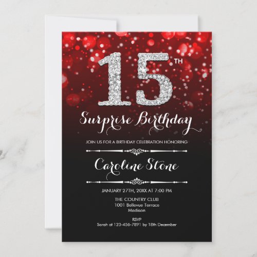Surprise 15th Birthday _ Red Silver Invitation