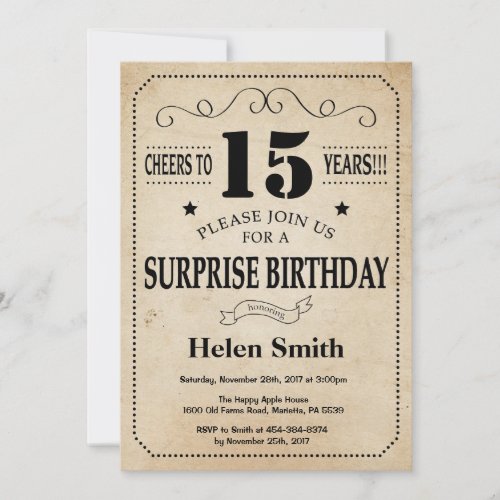 Surprise 15th Birthday Rustic Vintage Retro Invitation