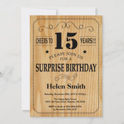 Surprise 15th Birthday Rustic Wood Invitation