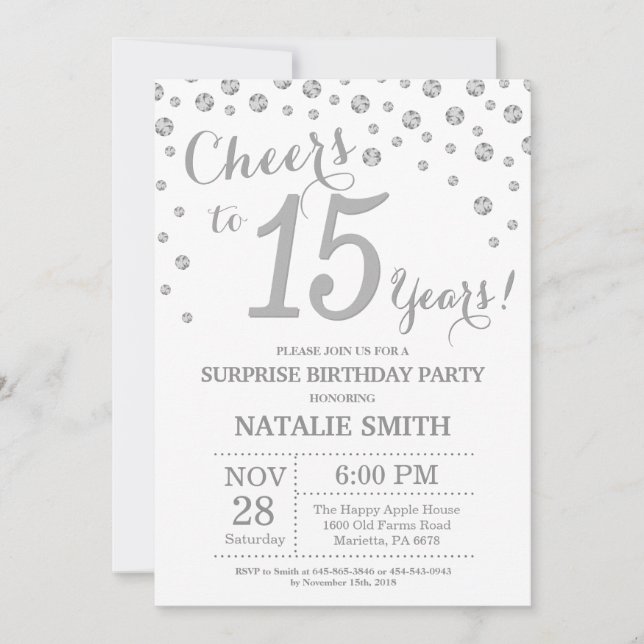 Surprise 15th Birthday Silver Glitter Diamond Invitation (Front)