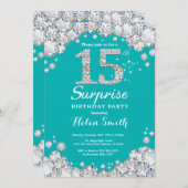 Surprise 15th Birthday Teal and Silver Diamond Invitation (Front/Back)