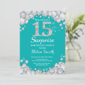 Surprise 15th Birthday Teal and Silver Diamond Invitation (Standing Front)