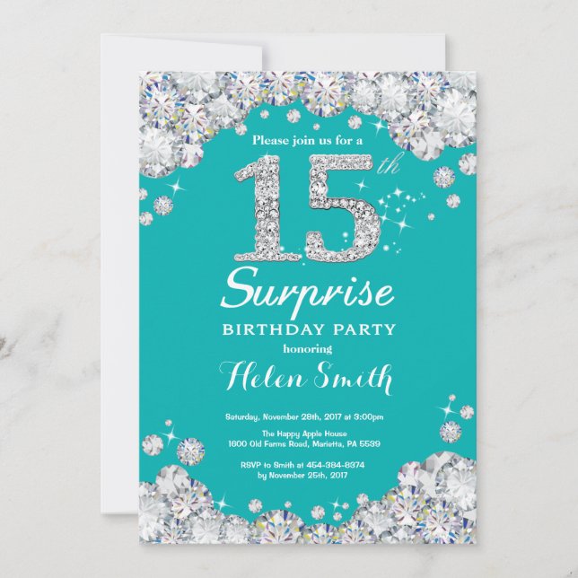 Surprise 15th Birthday Teal and Silver Diamond Invitation (Front)
