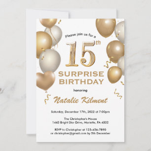 Surprise 15th Birthday White and Gold Balloons Invitation