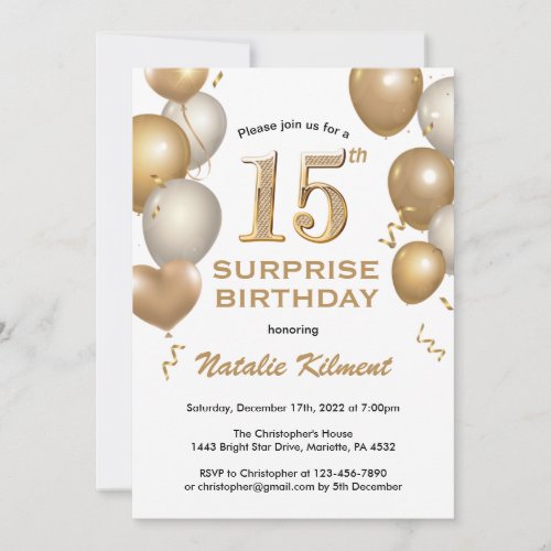Surprise 15th Birthday White and Gold Balloons Invitation