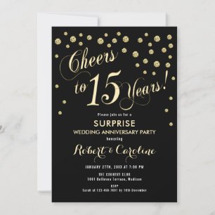 Surprise 15th Wedding Anniversary - Black & Gold Invitation