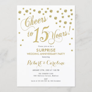 Surprise 15th Wedding Anniversary - White & Gold Invitation