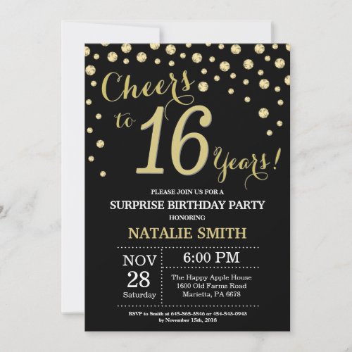 Surprise 16th Birthday Black and Gold Diamond Invitation