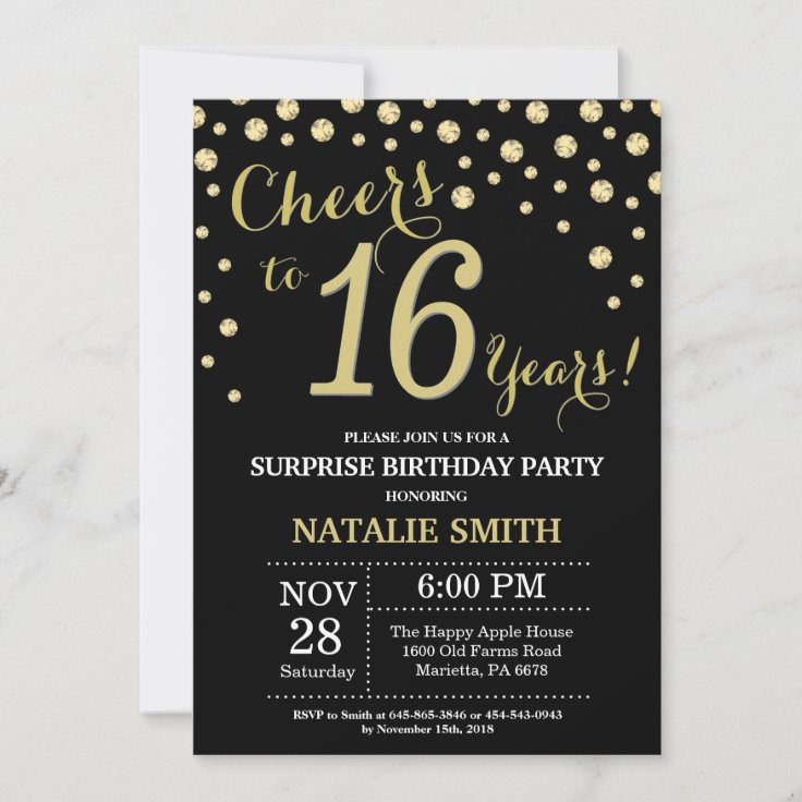 Surprise 16th Birthday Black and Gold Diamond Invitation | Zazzle