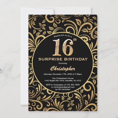 Surprise 16th Birthday Black and Gold Floral