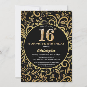 Surprise 16th Birthday Black and Gold Floral Invitation
