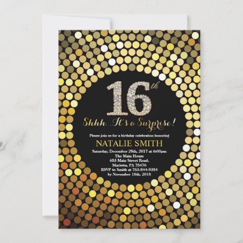 Surprise 16th Birthday Black and Gold Glitter Invitation