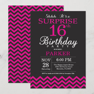 Surprise 16th Birthday Black and Hot Pink Invitation