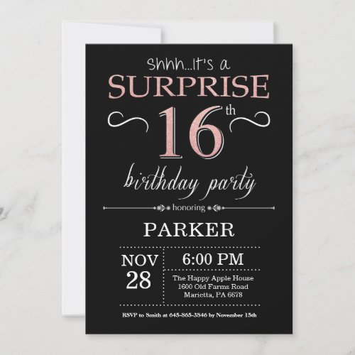 Surprise 16th Birthday Black and Rose Pink Gold Invitation