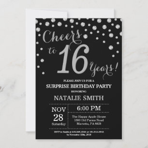 Surprise 16th Birthday Black and Silver Diamond Invitation