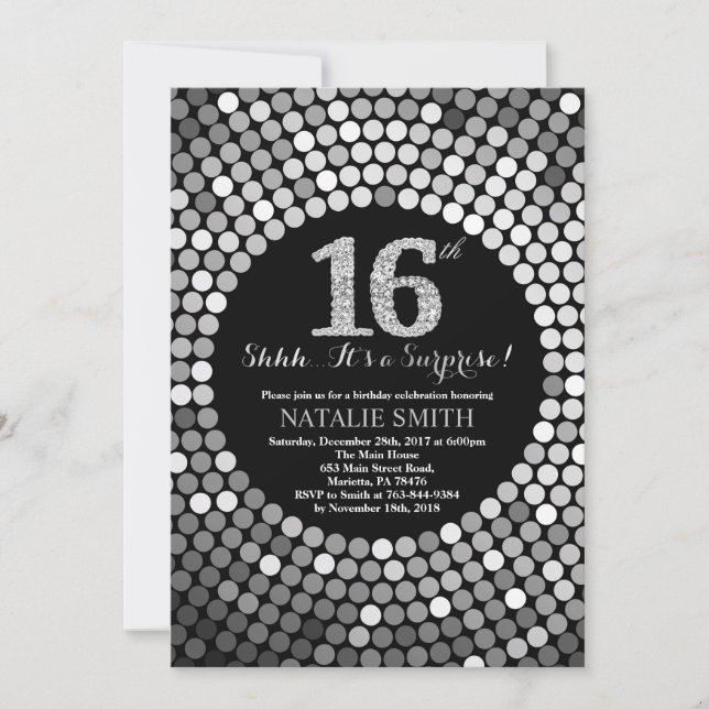 Surprise 16th Birthday Black and Silver Glitter Invitation (Front)