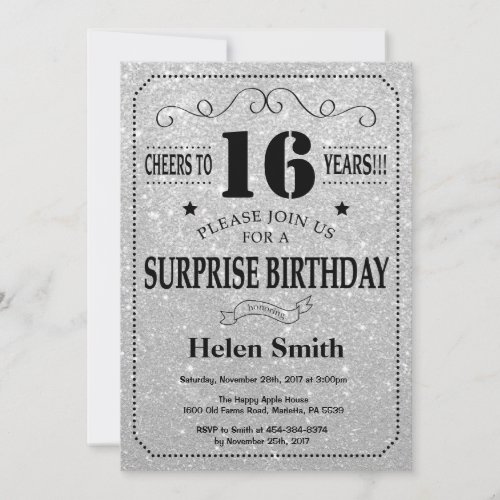 Surprise 16th Birthday Black and Silver Glitter Invitation