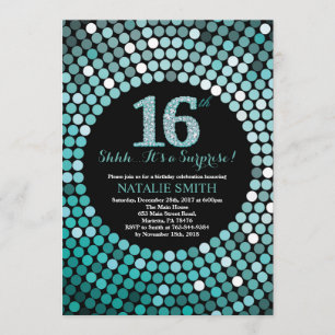 Surprise 16th Birthday Black and Teal Glitter Invitation