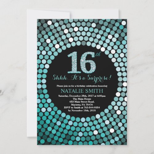 Surprise 16th Birthday Black and Teal Glitter Invitation