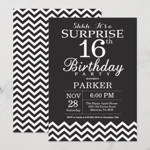 Surprise 16th Birthday Black and White Chevron