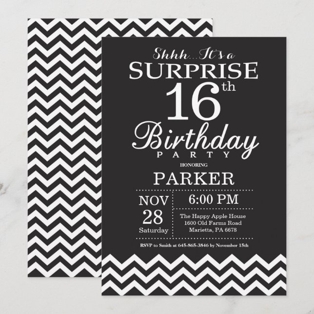 Surprise 16th Birthday Black and White Chevron Invitation (Front/Back)