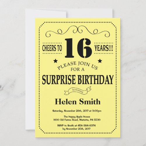 Surprise 16th Birthday Black and Yellow Invitation