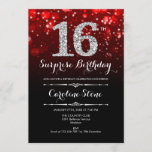 Surprise 16th Birthday - Black Red Silver Invitation<br><div class="desc">Surprise 16th Birthday Invitation.
Elegant black red design with faux glitter silver. Adult birthday. Features diamonds,  bokeh lights and script font. Men or women bday invite.  Perfect for a stylish birthday party. Message me if you need further customization.</div>