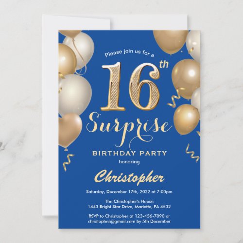 Surprise 16th Birthday Blue and Gold Balloons Invitation