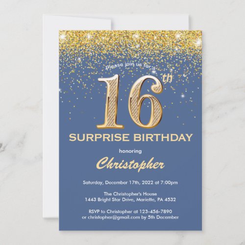 Surprise 16th Birthday Blue and Gold Glitter Invitation