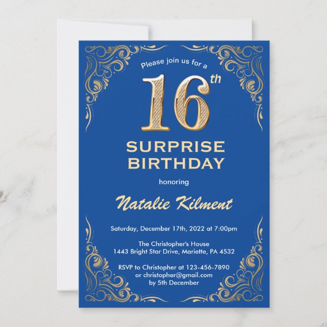 Surprise 16th Birthday Blue and Gold Glitter Invitation (Front)