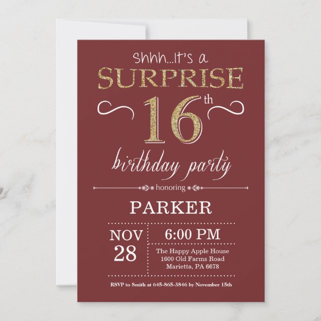 Surprise 16th Birthday Burgundy and Gold Glitter Invitation (Front)