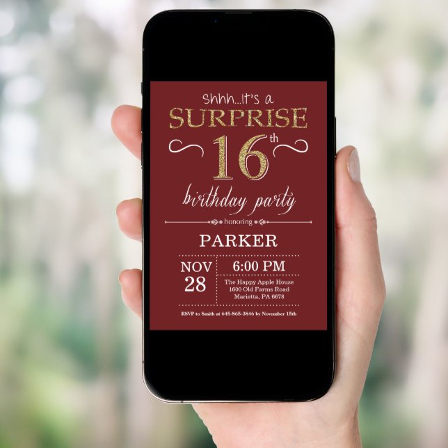 Surprise 16th Birthday Burgundy and Gold Glitter Invitation (Front Digital)