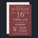 Surprise 16th Birthday Burgundy and Gold Glitter Invitation<br><div class="desc">Surprise 16th Birthday Invitation with Burgundy and Purple Glitter Background. Chalkboard. Kids Birthday. Boy or Girl Lady Teen Teenage Bday Invite. Any age. For further customization,  please click the "Customize it" button and use our design tool to modify this template.</div>