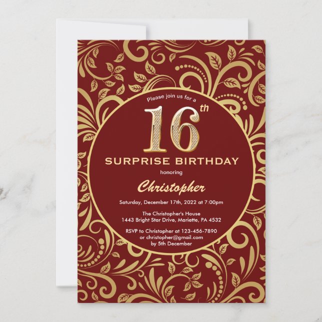 Surprise 16th Birthday Burgundy Red & Gold Floral Invitation (Front)