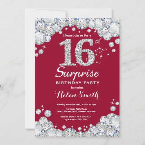 Surprise 16th Birthday Burgundy Red Silver Diamond Invitation