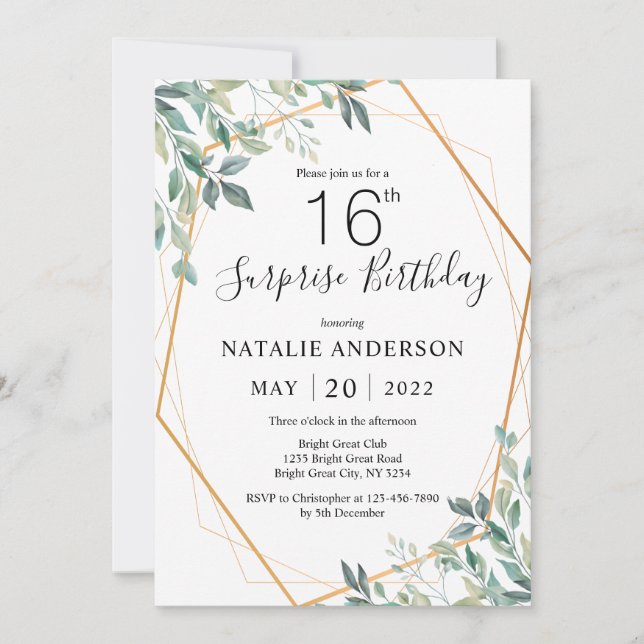 Surprise 16th Birthday Eucalyptus Greenery & Gold Invitation (Front)