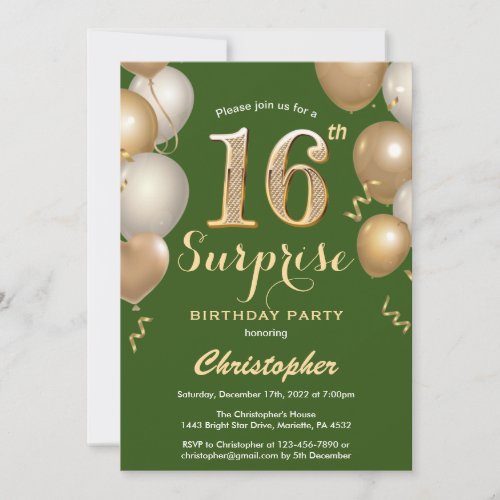 Surprise 16th Birthday Green and Gold Balloons Invitation