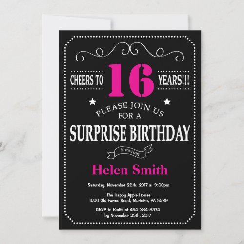Surprise 16th Birthday Hot Pink and Black Invitation