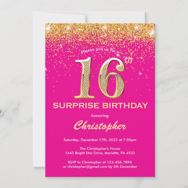 Surprise 16th Birthday Hot Pink and Gold Glitter Invitation (Front)