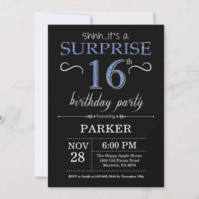 Surprise 16th Birthday Invitation Black and Blue (Front)