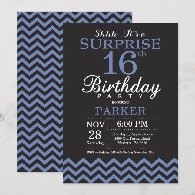 Surprise 16th Birthday Invitation Black and Blue (Front/Back)