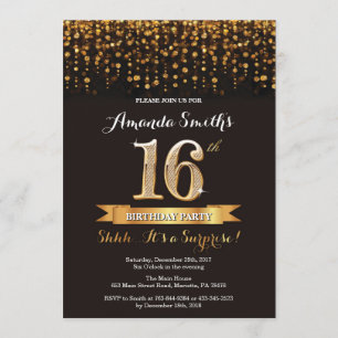 Surprise 16th Birthday Invitation Black and Gold