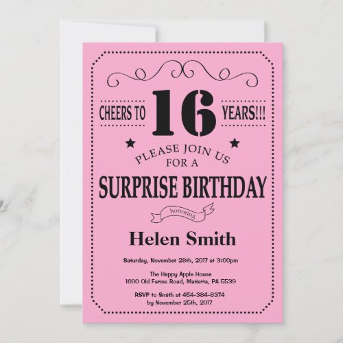 Surprise 16th Birthday Invitation Black and Pink